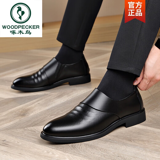 啄木鸟男鞋秋款2026新款商务正装皮鞋秋冬季加绒内增高真皮软底休闲鞋子 ZQF6189-2黑色加绒款 38