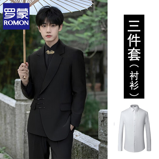 ROMON's new Chinese-style buckle suit men's suit, engagement groom, wedding dress suit, high-end Chinese style Tang suit, Chinese tunic suit, black jacket + pants + stand collar black shirt XL