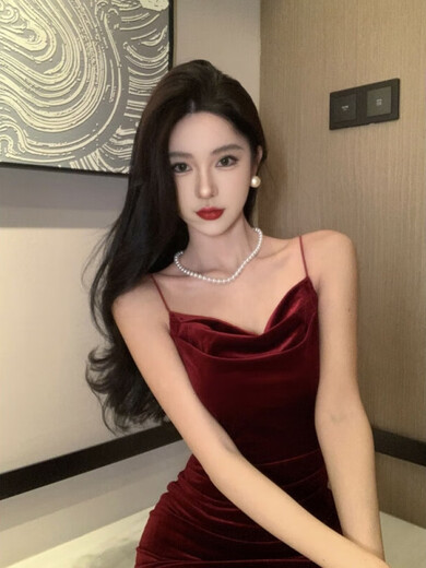 
Simplified 2024 new French retro velvet waist tight slit hip suspender skirt inner long skirt 9737-Brew Red Wine Red m