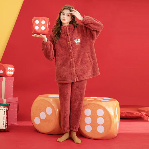 Fenton couple's pajamas autumn and winter hooded double-sided Nanfu foam warm and comfortable set home wear pajamas set Maple leaf red (women's style) 2XL