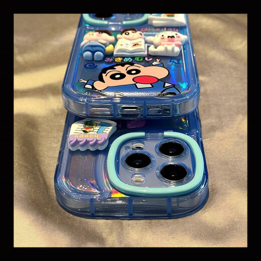 Bobart laser 3D Shin-chan cartoon with stand Apple mobile phone case iphone arc air bag silicone transparent anti-fall [transparent blue-3D Crayon Shin-chan] iPhone14Promax