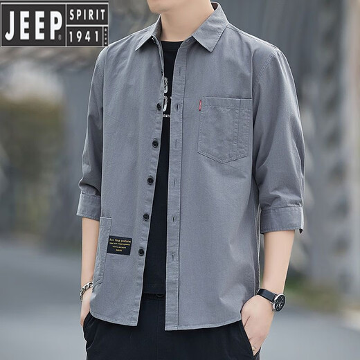 JEEP SPIRIT高档纯棉免烫夏季衬衫男士宽松版七分袖衬衣工装中袖外套休闲百搭 高质量纯棉料七分袖5008(浅蓝色) L 115斤-135斤