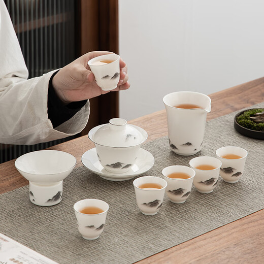 Gold inlaid jade Kung Fu tea set Chinese white pottery mutton fat jade white porcelain tea cup cover bowl home gift box Mo Yue