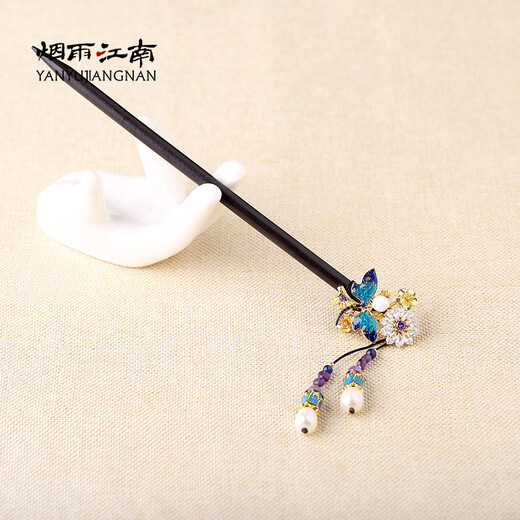 Yanyu Jiangnan retro style original hairpin for women cloisonné amethyst plate hairpin Hanfu step shake ancient costume wooden hairpin hairpin length 16 cm