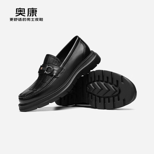 奥康（Aokang）官方男鞋 春秋季石头纹休闲皮鞋马衔扣舒适乐福鞋【门店发货】 黑色 6241614068 42 260mm