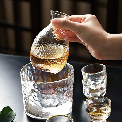 CLITON handmade gold-edged hammered Japanese sake cup and pot set wine dispenser rice wine warmer gift box 6-piece set