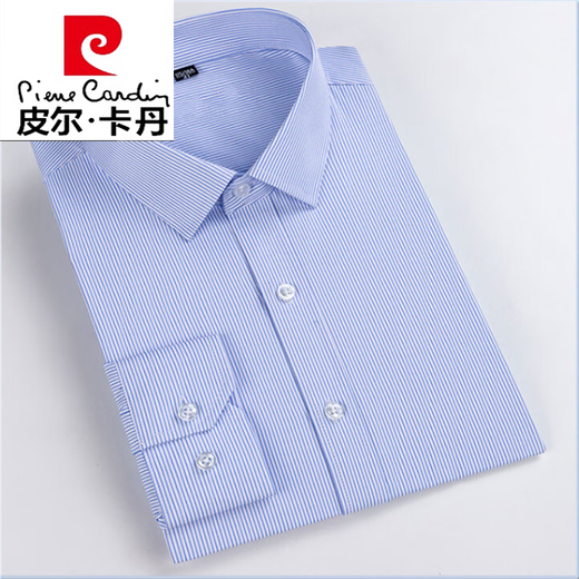 皮尔卡丹（pierre cardin）纯棉免烫衬衫男长袖2024秋冬季中青年商务正装蓝条纹休闲衬衣针织 8W6621 43 165~175