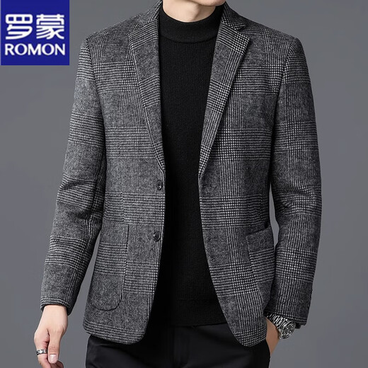 ROMON suit men's autumn and winter business casual suit jacket versatile men's wool single suit plaid jacket top 03 gray L 175