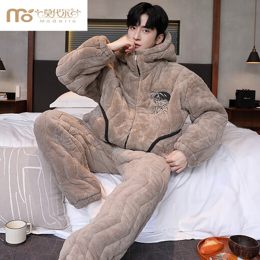 Modal Herren-Pyjamas im Winter Korallenmerze verdickt und samt warm warm dreischichtige Baumwolljacke Flanell mit Kapuze mit Kapuzenkleidungsset 1365 Männer Reversknopf 3 Schichten x l