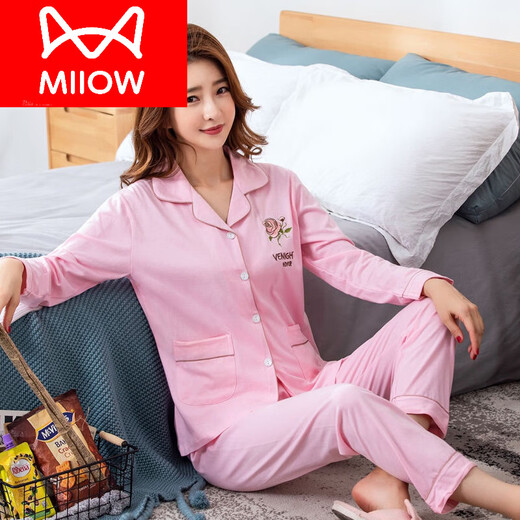 猫人（MiiOW）睡衣女春秋纯棉长袖加肥大码可爱开衫薄女士月字家居服套装开衫 829【红色】 L 【建议100-120斤】