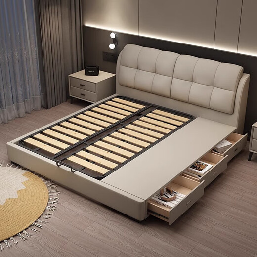Huangbaoni Italian light luxury leather bed master bedroom high-end large bed double with drawer storage khaki soft bed first layer cowhide bed 1.5*2 meters frame bed 15cm silent bed board