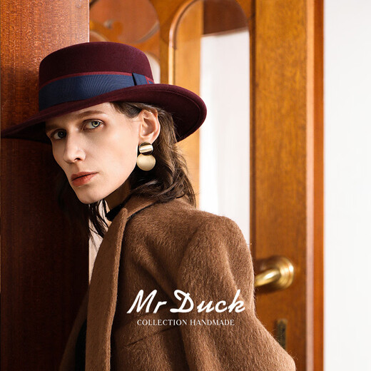 Mr DUCK Australian wool flat top hat for women New Year atmosphere festive hat Qiji red French style handmade felt hat MW462145-enamel wine red (double patchwork ribbon) L (57-58cm)