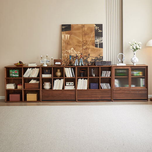Zhidian solid wood bookcase living room wall-to-ceiling TV cabinet North American black walnut multi-functional combination cabinet small apartment low cabinet single sliding door cabinet for export only