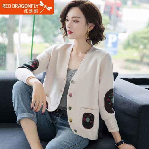 Red Dragonfly Sweater Women's 2020 Autumn and Winter New Style V-neck Cardigan Short Casual Large Size Loose Long Sleeve Spring and Autumn Versatile Sweater Jacket THWA7342 Off-white Please take the correct size
