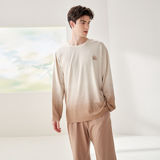 Fenton Couple Pajamas Fan Chengcheng's Same Style Star's Same Style Autumn Temperature Control Sleep Clothes Round Neck Home Clothes Set Elegant Brown-Men's 2XL