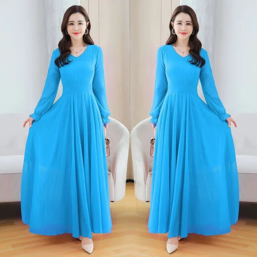 Yijin dance studio special large swing double-layer chiffon skirt double-layer dance long skirt loose slimming mid-length royal blue length 3XL recommended 135--145Jin [Jin is equal to 0.5 kg]