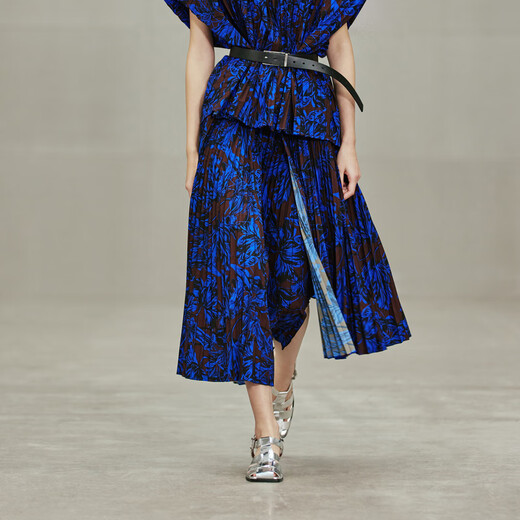 
LESS [Seiko Series] Spring and Autumn Printed Skirt for Women Three-dimensional Pleated A-line Half-length Skirt 2N3D12530 496/Blue Coffee Combination XS