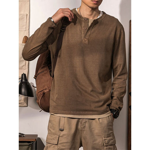 Jeep (JEEP)/Light Luxury 300Jin Jin is equal to 0.5kg. Large size men's American retro Henry shirt Henley collar long-sleeved T-shirt men's solid color coffee base Army green 3XL recommended 200-250Jin Jin is equal to 0.5kg