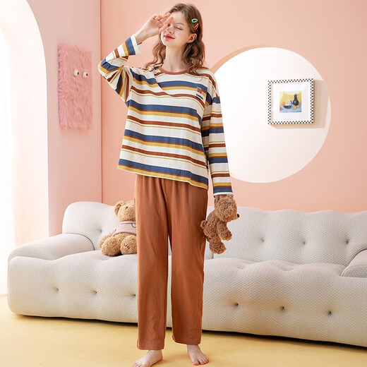 Fenton Pajamas Women's Pure Cotton Long Sleeve New Fashion Round Neck Homewear Pajamas Set Coffee Bar (Female) L