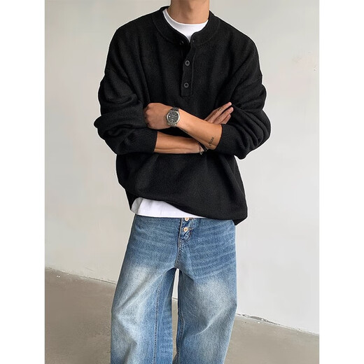 Yiran's sweater men's winter American high street Henley collar loose casual sweater for men with long-sleeved bottoming sweater Gray M Recommended 80-100Jin Jin is equal to 0.5 kg