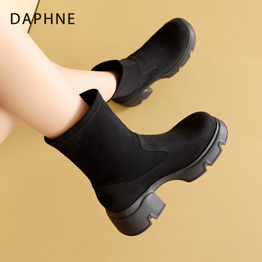 达芙妮（DAPHNE）厚底短靴女2025春秋新款粗跟单靴一脚蹬高跟袜靴百搭瘦瘦靴 卡其色 单层 跟高5.5CM 35 标准码