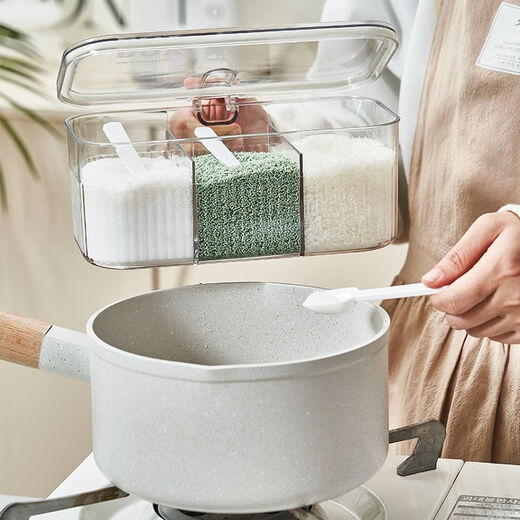 Seasoning box integrated multi-compartment home kitchen high-end MSG salt seasoning jar multi-functional storage box combination set large three compartments - transparent green