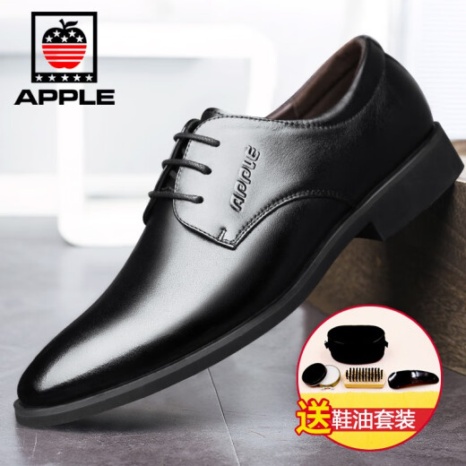 APPLE Leather Shoes Men's Business Casual Shoes Spring and Autumn New Style Fashionable Genuine Leather Two-Layer Cowhide Suit Lace Up Fashion Versatile Formal Leather Shoes Wedding Work Shoes Black 41