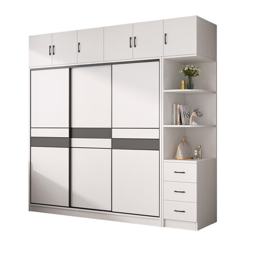 Bai Qian Free Installation Wardrobe Bedroom Storage Cabinet Sliding Door Wardrobe Simple Sliding Door Large Wardrobe Three Doors 1.8 Meter Main Cabinet + Top Cabinet + Side Cabinet