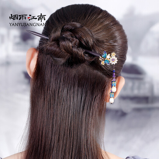 Yanyu Jiangnan retro style original hairpin for women cloisonné amethyst plate hairpin Hanfu step shake ancient costume wooden hairpin hairpin length 16 cm
