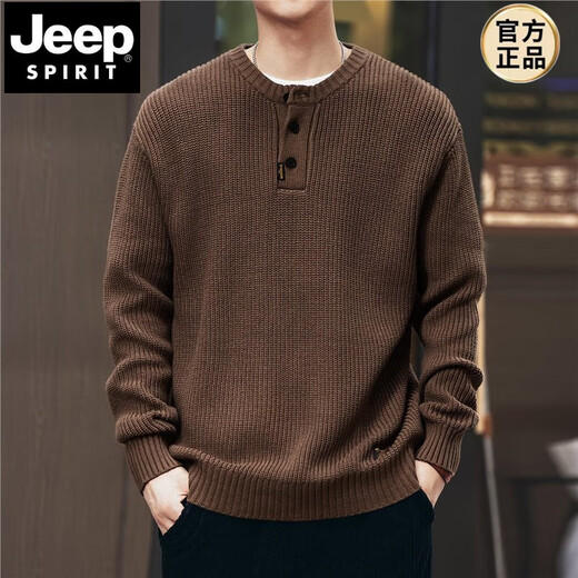 JEEP SPIRIT American retro black knitted Henley sweater men's autumn and winter trendy brand lazy loose casual pullover sweater for men and women Khaki L