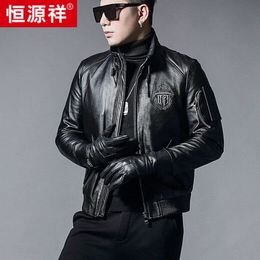 Hengyuanxiang head layer genuine leather leather jacket men's handsome motorcycle slim leather jacket spring and autumn short stand collar flight suit black plush XL 175 suitable for 130-145Jin [Jin equals 0.5 kg]
