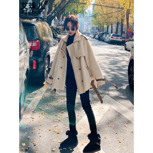 艾珠儿羊羔毛外套女冬季新款韩版宽松加厚皮毛一体羊羔绒短款机车大衣女 米色 S