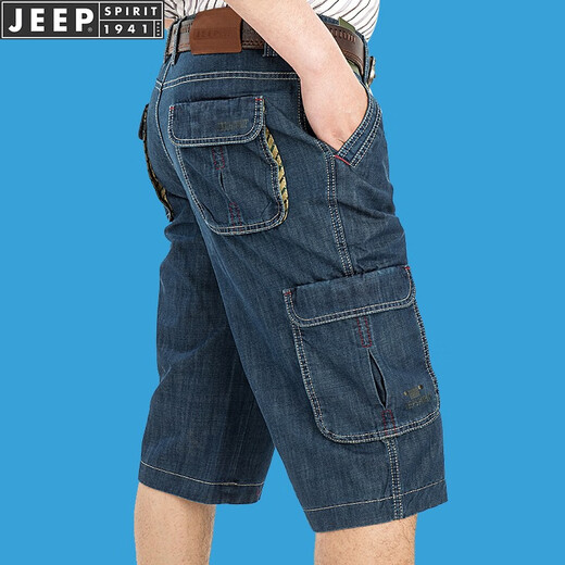 JEEP SPIRIT吉普休闲牛仔短裤男直筒宽松夏季七分裤多口袋工装中裤753 深蓝753 31码2尺3