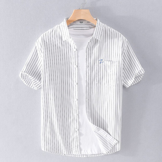 Gosejue Sommer lässiger kurzärmelige Streifenhemd Herrenlose Hemd Neue Männer literarische Hemd-Basis-Hemd 9740 Black M