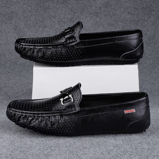 Genuine leather beans shoes Korean style men's casual leather shoes soft sole men's shoes fashionable breathable business lazy shoes men's trendy shoes Mingtao 9905 black (hollow style) 40