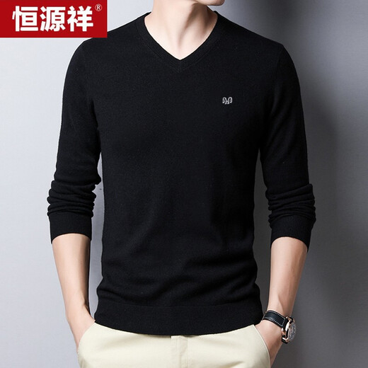 Hengyuanxiang pure wool sweater men's autumn and winter thin V-neck sweater sweater top black 170