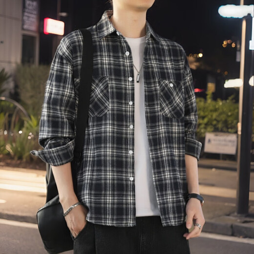 
Retro plaid long-sleeved shirt for men and women in spring and autumn 2024 new loose Korean work shirt jacket K12301 black + K12109 khaki 3XL
