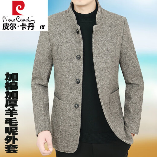 皮尔卡丹专柜大牌中年男士毛呢外套男秋冬季加厚羊毛呢夹克男加棉商务休闲 深灰色 CR款立加棉 175 适合体重115-130斤