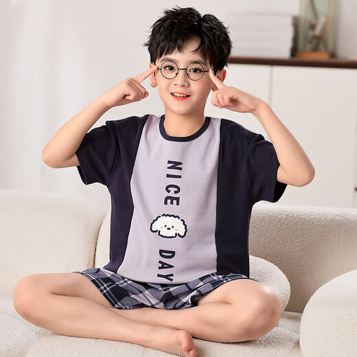 曼妮朵夏季儿童睡衣纯棉短袖短裤薄款男孩大童全棉青少年男童家居服套装 F724【双短】 175cm 加大L码【115-135斤】