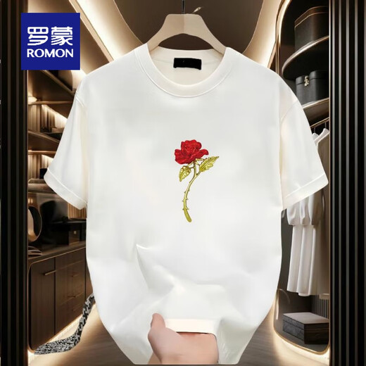 
ROMON short-sleeved T-shirt for men and women couples wear trendy round neck printed T-shirt cotton simple loose versatile half-sleeved top summer black front large picture K1049 single red rose M recommended 100-120 Jin [Jin equals 0.5 kg]