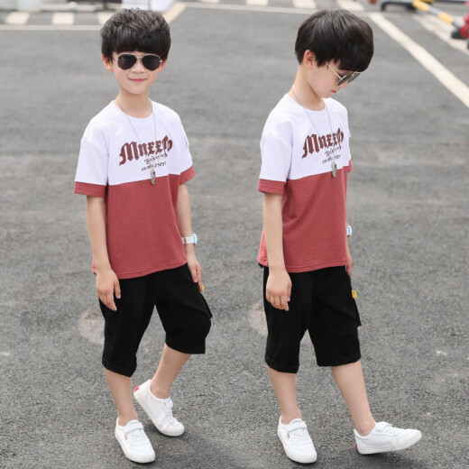 Children's Clothing Boys' Suits Summer Clothes 2020 Summer New Children's Suits Western Style Medium and Big Boys Handsome Short-Sleeved T-shirt Boys Sports Fashion Two-piece Set Trendy Clothes 3-15 Years Old Red 150 Size Recommended Height About 140 Centimeters