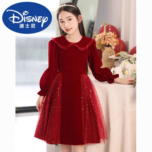 Disney Girls Dress Velvet Children's Skirt Red Princess Dress Host Performance Clothes Autumn and Winter Long Sleeve Plus Velvet Red Plus Velvet 140