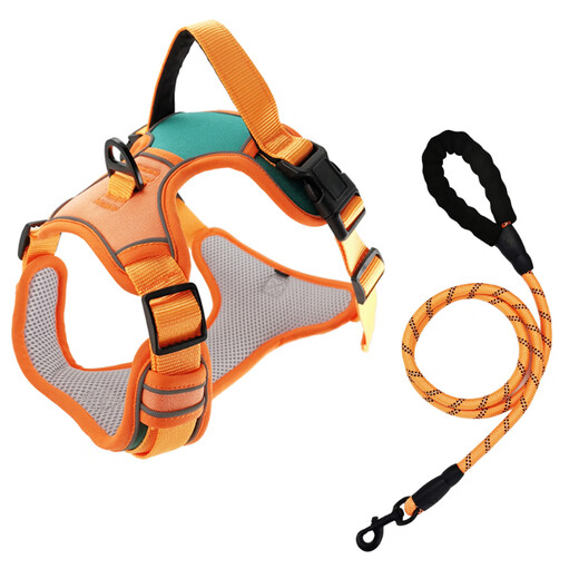 Suomila dog harness vest type explosion-proof Shiba Inu French dog walking rope for small and medium-sized dogs, orange, green, M size