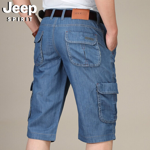 吉普（JEEP）牛仔短裤男多口袋工装裤直筒宽松时尚休闲薄款七分裤753 浅蓝色 38