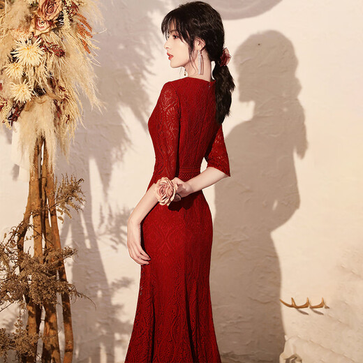 敬酒服晚礼服长袖连衣裙新娘秋冬季酒红色修身结婚鱼尾裙宴会气质酒会 酒红色中长款 S