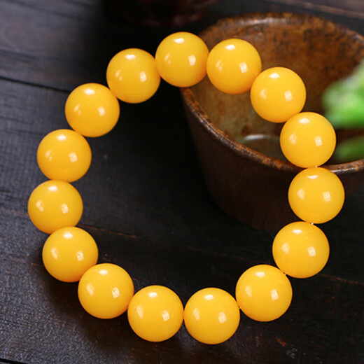 Holy Glass Baltic Sea Pure Yellow Beeswax Bracelet Single Circle Amber Round Bead Old Beeswax Bracelet as a Gift for Leaders Bead Diameter 16mm 14 Beads Slim Men's Style