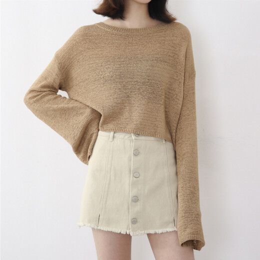 Hengyuanxiang's same style sweater, women's sweater bottoming shirt, autumn hollow summer outer short long-sleeved sunscreen blouse, small fragrance top, 2020 autumn and winter new arrival, light khaki color, one size fits all, loose fit, suitable for 80-130Jin [Jin is equal to 0.5 kg]