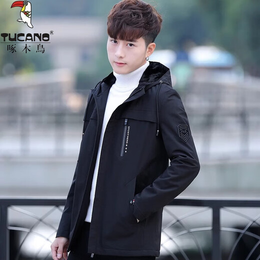 啄木鸟外套男士外套2024春秋新款连帽休闲户外宽松立领御寒夹克男 黑色 3XL 【建议体重155-170斤】
