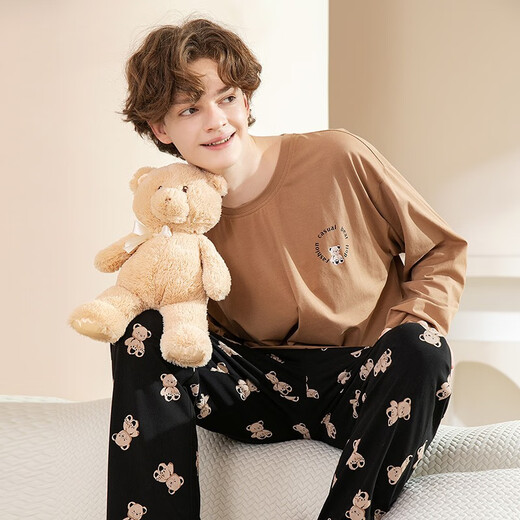 Fenton Couple Cotton Pajamas Women's New Breathable Fashionable Round Neck Can Be Weared Outside Men's Home Clothing Suit Khaki (Male) L