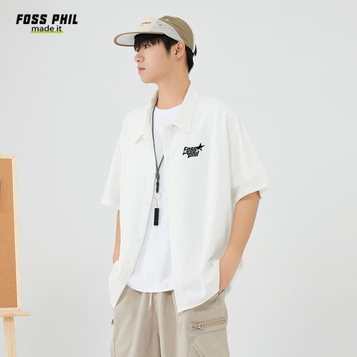 Foss Phil短袖衬衫男士夏季衬衣男潮流印花休闲外套宽松上衣FPCS2白色L